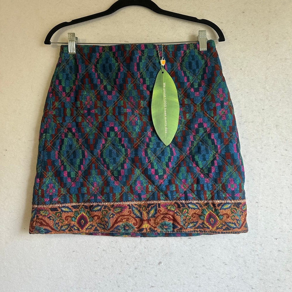 FARM Rio Quilted Geometric Mini Skirt Blue Pink Boho Paisley Border Size S NEW